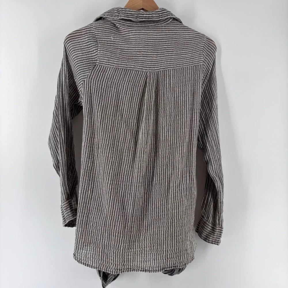 Free People FP One Button Down Shirt Womens XS Brown Striped Tie Waist Boho Top